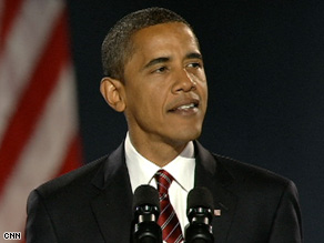 Obama saat pidato kemenangannya di Chicago